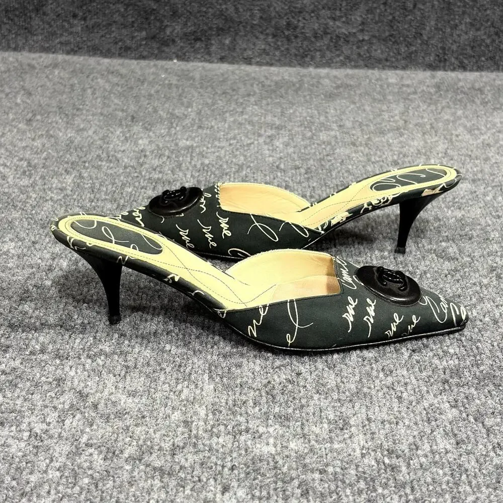 Vintage Chanel Shoes Womens 6 EU 36 Black Cruise Script Print Kitten Heel Mules